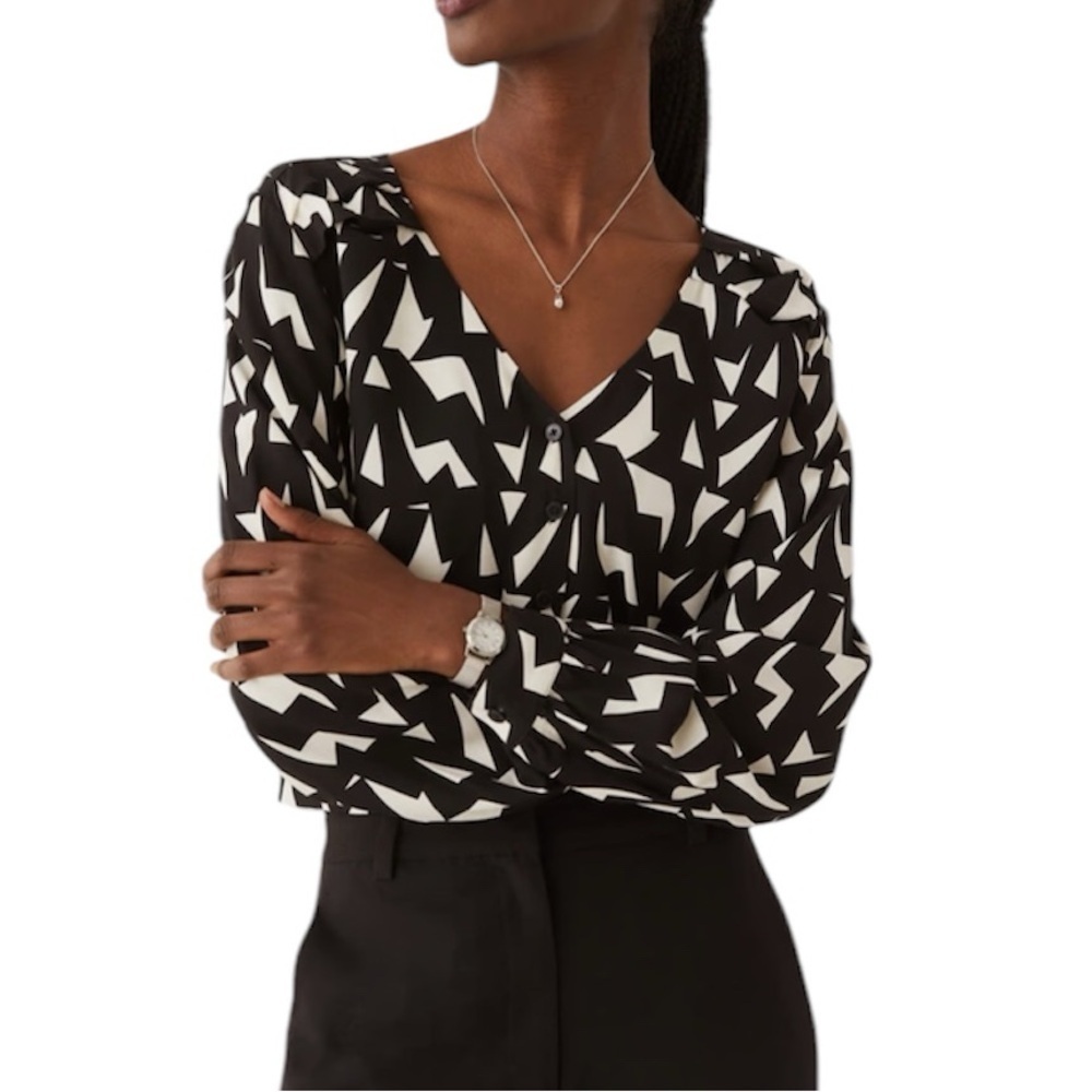 Frank And Oak The Shirred Geometric Long Sleeve Blouse Medium Black NWT